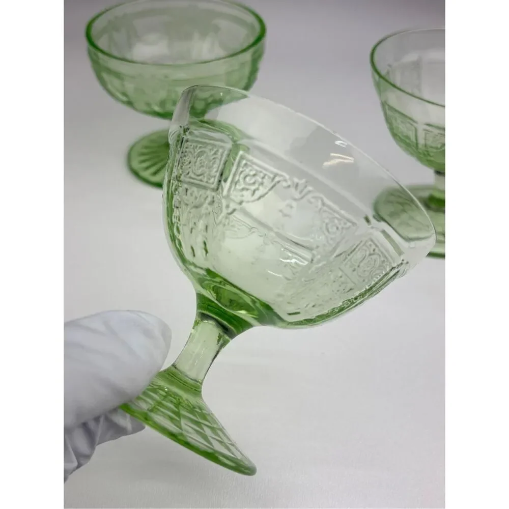 Vintage Set of 3 Vaseline Uranium Glass Dessert Sherbet Green Cups Glasses